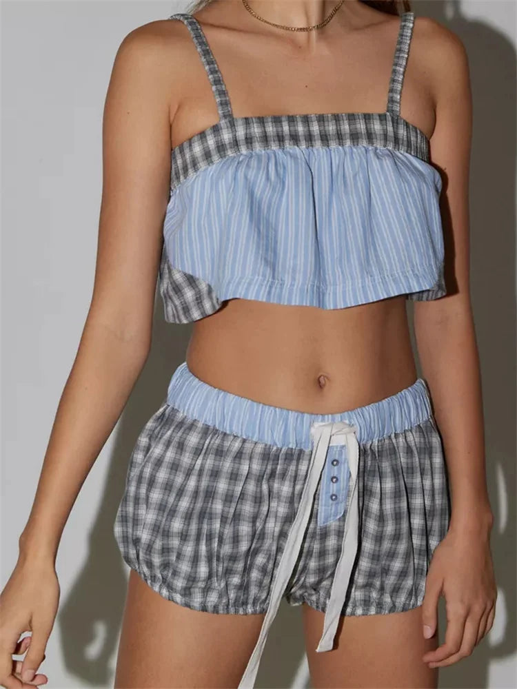 JuliaFashion - Loungewear Plaid Print Camis Cropped Tank Tops Drawstring Shorts Suits