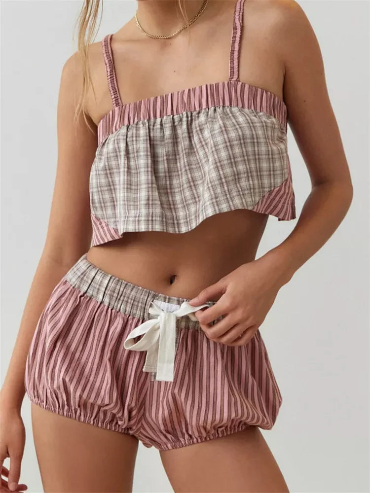 JuliaFashion - Loungewear Plaid Print Camis Cropped Tank Tops Drawstring Shorts Suits