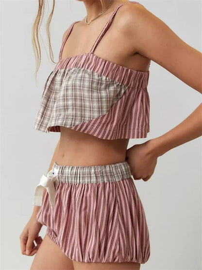 JuliaFashion - Loungewear Plaid Print Camis Cropped Tank Tops Drawstring Shorts Suits