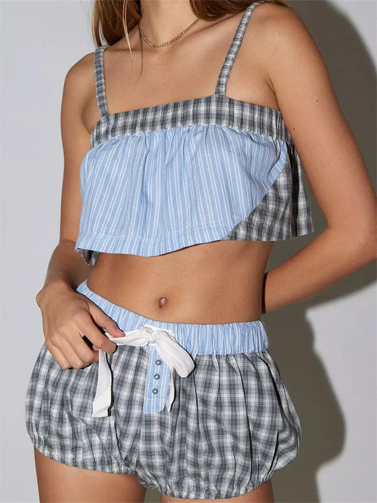 JuliaFashion - Loungewear Plaid Print Camis Cropped Tank Tops Drawstring Shorts Suits