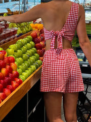 JuliaFashion - Plaid Print Casual Off Shoulder Tops High Waist Shorts Suits