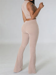 JuliaFashion - Ribbed Sleeveless Cropped Tank Tops High Waist Flared Pants Suits