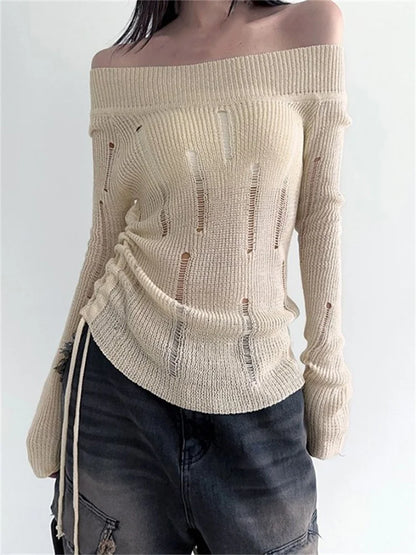 JuliaFashion - Ripped Knitted Off Shoulder Side Drawstring See Through Slash Neck Solid Pullovers Spring Fall Sweater