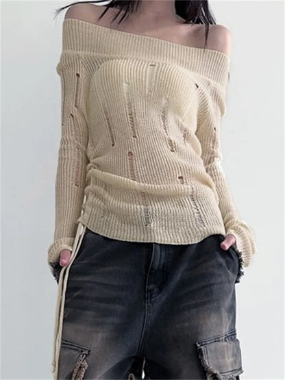 JuliaFashion - Ripped Knitted Off Shoulder Side Drawstring See Through Slash Neck Solid Pullovers Spring Fall Sweater