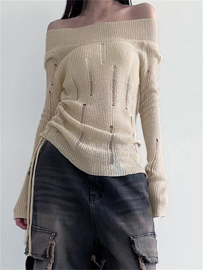 JuliaFashion - Ripped Knitted Off Shoulder Side Drawstring See Through Slash Neck Solid Pullovers Spring Fall Sweater