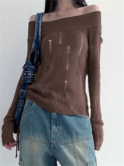 JuliaFashion - Ripped Knitted Off Shoulder Side Drawstring See Through Slash Neck Solid Pullovers Spring Fall Sweater