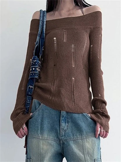 JuliaFashion - Ripped Knitted Off Shoulder Side Drawstring See Through Slash Neck Solid Pullovers Spring Fall Sweater