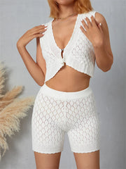 JuliaFashion - Ruched Knitted Sleeveless V-neck Tops High Waist Shorts Suits