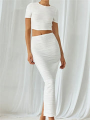 JuliaFashion - Short Sleeve O-neck T-shirts Tops Back Split Long Skirts Streetwear Suits