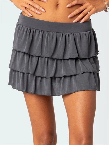 JuliaFashion - Ruffles Mini Cute Low Waist Solid Color Layered Hem A-Line Short Summer Streetwear Skirts