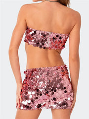JuliaFashion - Off Shoulder Sequined Strapless Tube Tops Party Clubwear Suits