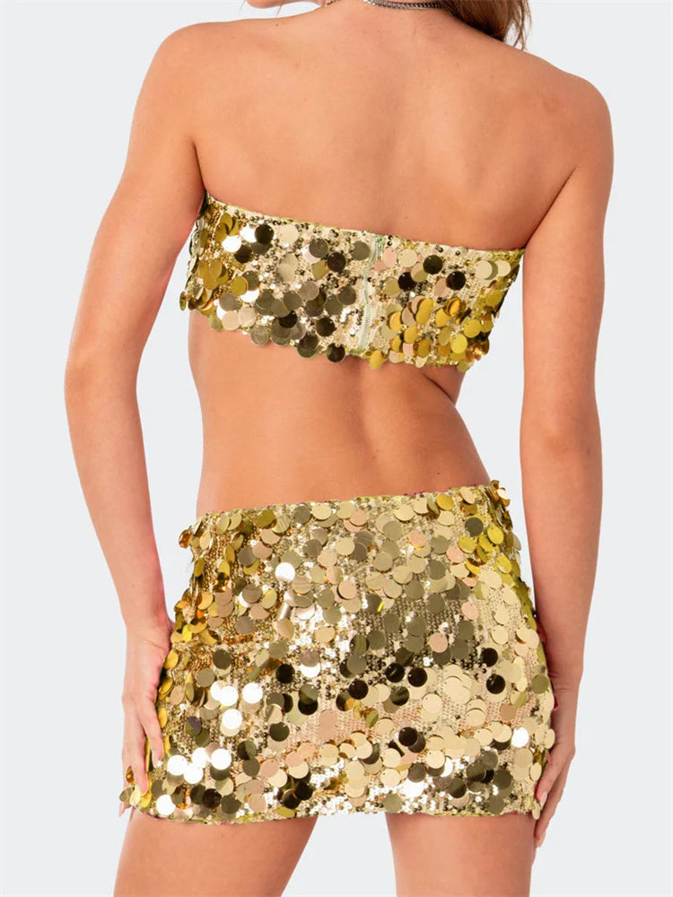 JuliaFashion - Off Shoulder Sequined Strapless Tube Tops Party Clubwear Suits