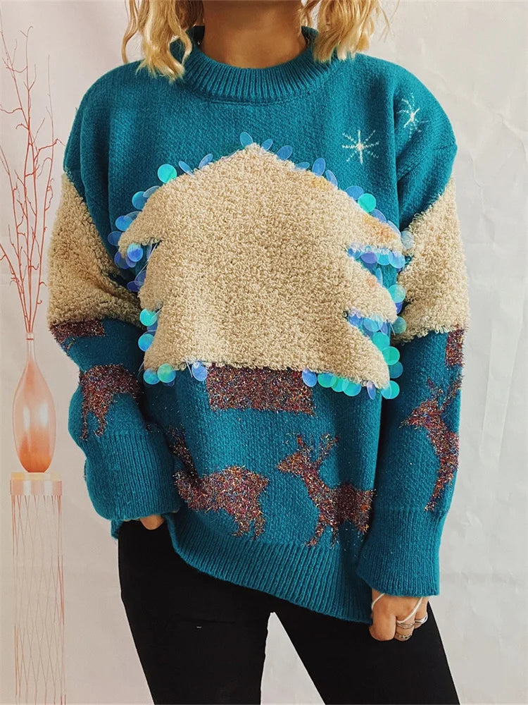 JuliaFashion - Sequined Christmas Long Sleeve Round Neck Christmas Tree Pattern Pullovers Holiday Knitwear Pullovers Sweater