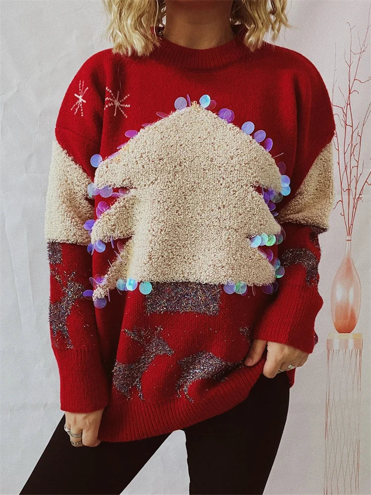 JuliaFashion - Sequined Christmas Long Sleeve Round Neck Christmas Tree Pattern Pullovers Holiday Knitwear Pullovers Sweater