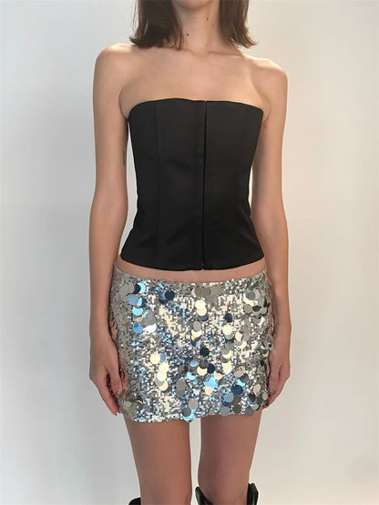 JuliaFashion - Sequined Sparkle Bodycon Short Mini Shiny Glitter Pencil Nightwear Party Clubwear Skirts