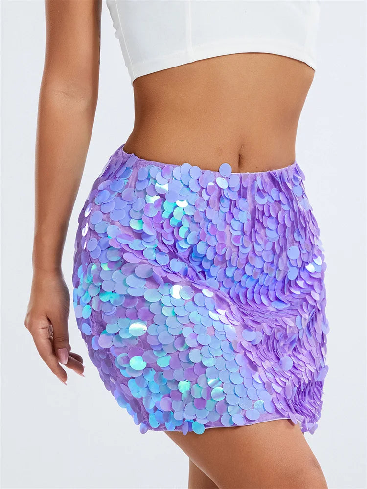 JuliaFashion - Sequined Sparkle Slim Short Mini Shiny Glitter Pencil Nightwear Party Club Streetwear Skirts