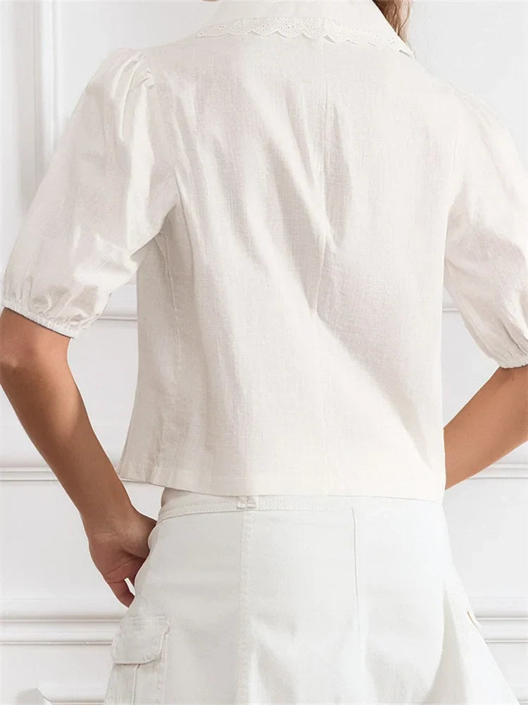 Lace Trim Front Tie-Up V-neck Blouse blouse-250223
