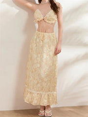 Backless Tie-up Camisoles Crop Top with Long Skirts Set skirt-250126