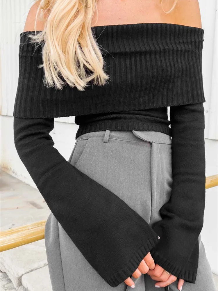 JuliaFashion - Slash Neck Knitted Long Sleeve Off Shoulder Ribbed Pullovers Slim Fit Causal Sweater