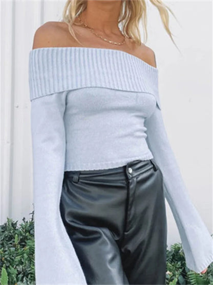 JuliaFashion - Slash Neck Knitted Long Sleeve Off Shoulder Ribbed Pullovers Slim Fit Causal Sweater