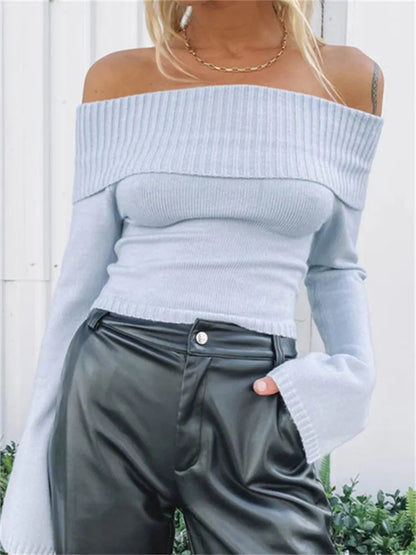 JuliaFashion - Slash Neck Knitted Long Sleeve Off Shoulder Ribbed Pullovers Slim Fit Causal Sweater