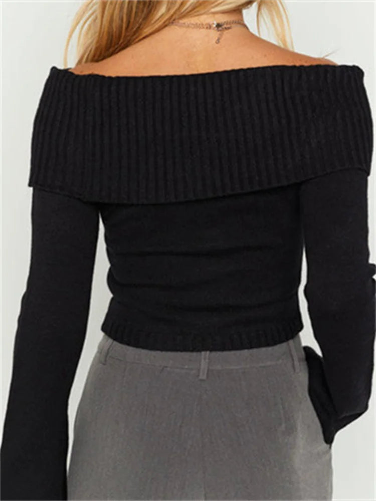 JuliaFashion - Slash Neck Knitted Long Sleeve Off Shoulder Ribbed Pullovers Slim Fit Causal Sweater