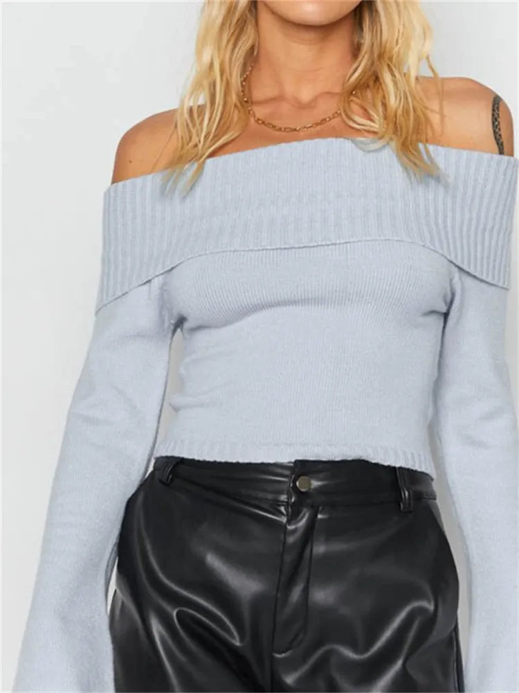 JuliaFashion - Slash Neck Knitted Long Sleeve Off Shoulder Ribbed Pullovers Slim Fit Causal Sweater