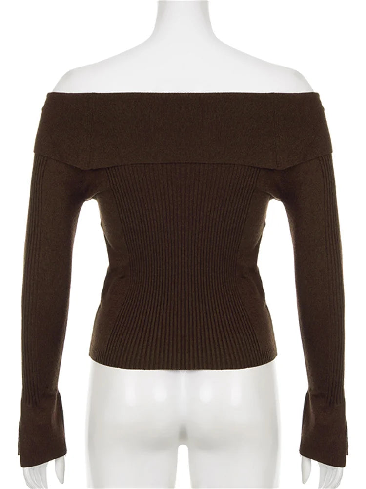 JuliaFashion - Slash Neck Off Shoulder Slim Pullovers Solid Color Ribbed Knitted Long Sleeve Cropped Knitwear Sweater