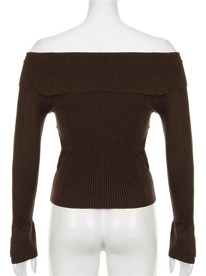 JuliaFashion - Slash Neck Off Shoulder Slim Pullovers Solid Color Ribbed Knitted Long Sleeve Cropped Knitwear Sweater