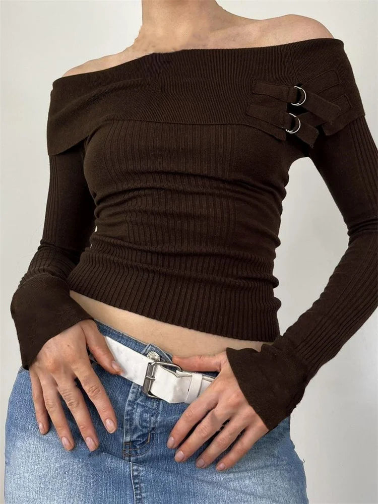 JuliaFashion - Slash Neck Off Shoulder Slim Pullovers Solid Color Ribbed Knitted Long Sleeve Cropped Knitwear Sweater