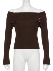 JuliaFashion - Slash Neck Off Shoulder Slim Pullovers Solid Color Ribbed Knitted Long Sleeve Cropped Knitwear Sweater