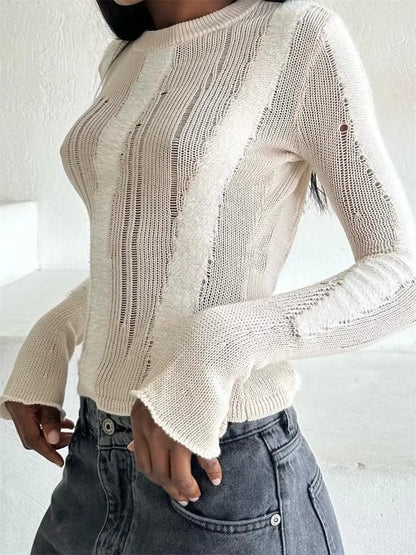 JuliaFashion - Slim Fit Knitted Ripped Patchwork O-Neck Long Sleeve Pullovers Spring Fall New Sweater