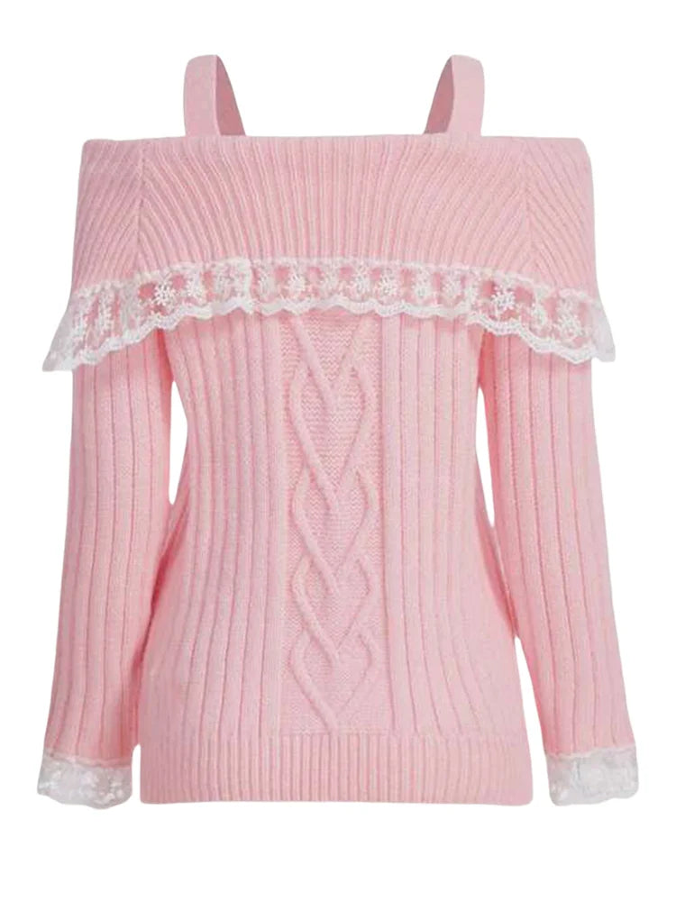 JuliaFashion - Slim Knitted Lace Trim Criss-Cross Tie-Up Long Sleeve Pullovers Fall Winter Off Shoulder Sweater