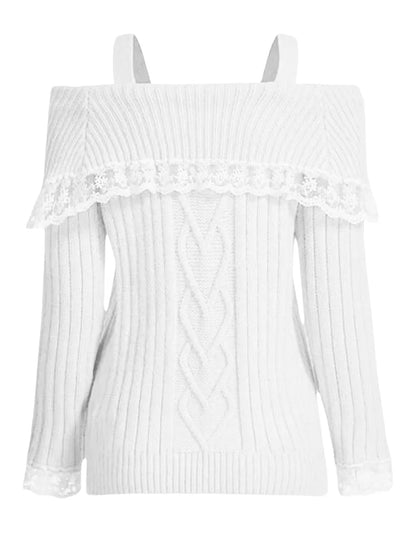 JuliaFashion - Slim Knitted Lace Trim Criss-Cross Tie-Up Long Sleeve Pullovers Fall Winter Off Shoulder Sweater