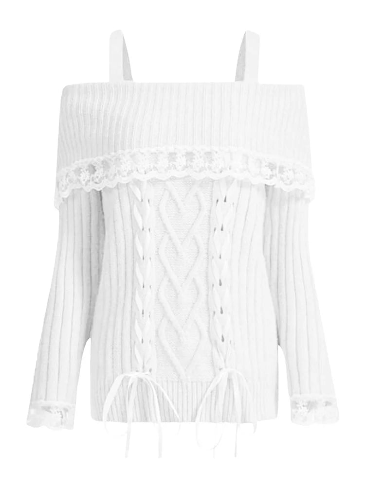 JuliaFashion - Slim Knitted Lace Trim Criss-Cross Tie-Up Long Sleeve Pullovers Fall Winter Off Shoulder Sweater