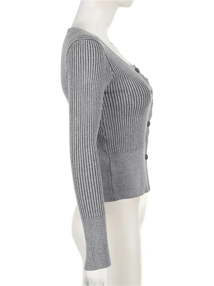 JuliaFashion - Slim Knitted Solid Color Ribbed Long Sleeve Pullovers Fall Winter Button-Down Sweater