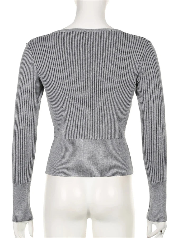 JuliaFashion - Slim Knitted Solid Color Ribbed Long Sleeve Pullovers Fall Winter Button-Down Sweater