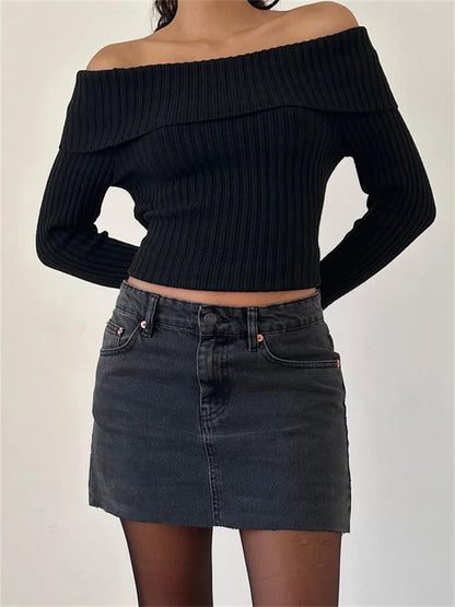 JuliaFashion - Slim Knitted Solid Slash Neck Long Sleeve Pullovers Autumn Winter Off Shoulder Sweater