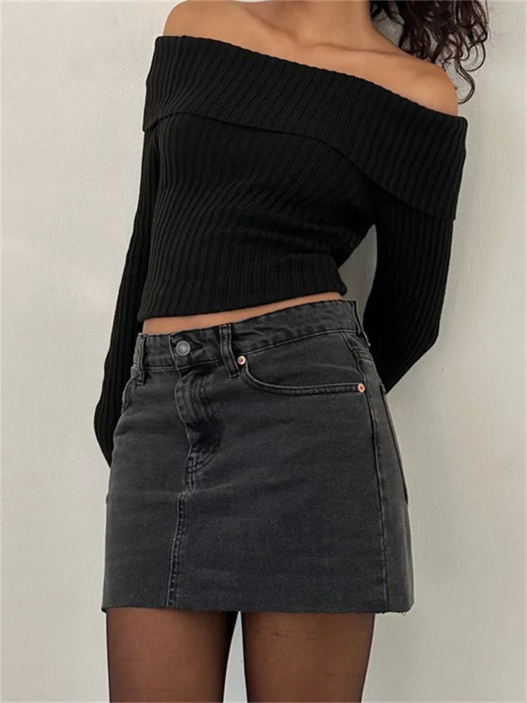 JuliaFashion - Slim Knitted Solid Slash Neck Long Sleeve Pullovers Autumn Winter Off Shoulder Sweater