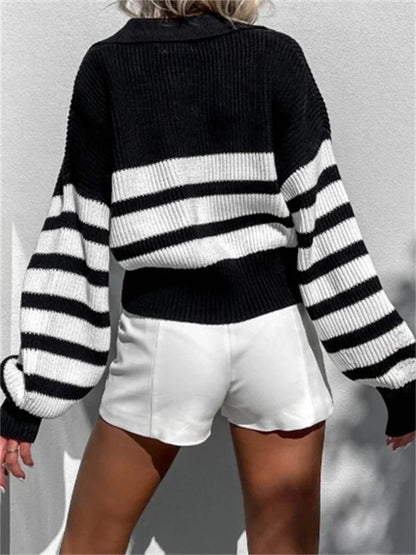 JuliaFashion - Spring Autumn Knitted Long Sleeve Lapel Striped Pullovers Knitwear V-neck Loose Casual Female Sweater