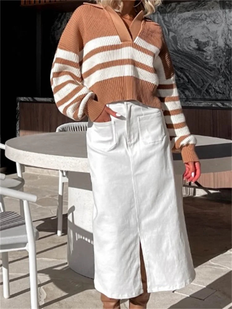 JuliaFashion - Spring Autumn Knitted Long Sleeve Lapel Striped Pullovers Knitwear V-neck Loose Casual Female Sweater