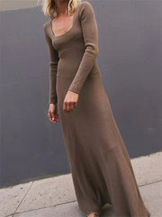 Women Spring Fall Casual Solid Color Square Neck Sleeve Knitted Pleated Fashion Holiday Vestido