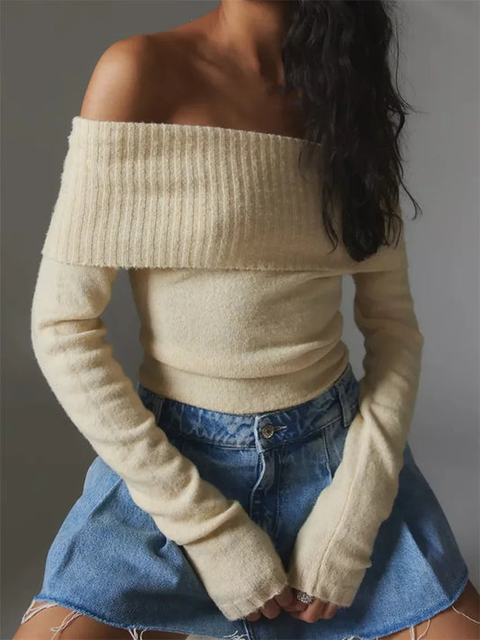 JuliaFashion - Spring Fall Knitted Solid Color Long Sleeve Off Shoulder Slash Neck Ribbed Slim Knitwear Sweater