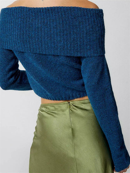 JuliaFashion - Spring Fall Knitted Solid Color Long Sleeve Off Shoulder Slash Neck Ribbed Slim Knitwear Sweater