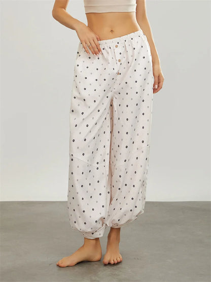 JuliaFashion - Elastic Waist Front Button Floral Print Harem Loose Casual Pants