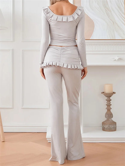 JuliaFashion - Women Spring Solid Frills Flared Pants Clubwear Suits