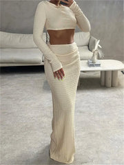 Spring Fall Ruched Skirt Solid Cropped T-shirts High Waist Long Skirts Suits