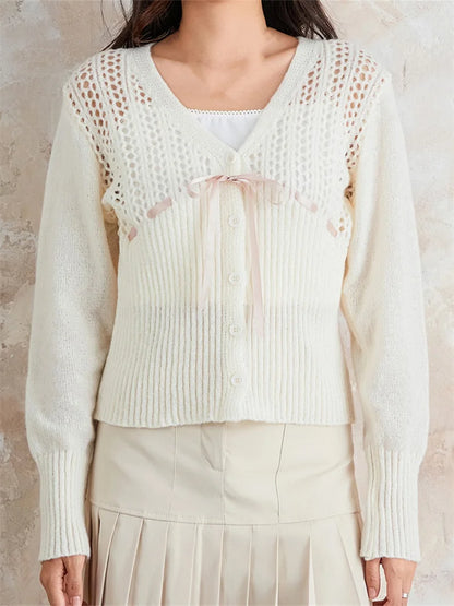 JuliaFashion - Spring Slim Knitted Cardigan Front Tie-up Bow V-Neck Long Sleeve Hollow Out Knitwear Sweater