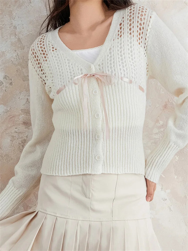 JuliaFashion - Spring Slim Knitted Cardigan Front Tie-up Bow V-Neck Long Sleeve Hollow Out Knitwear Sweater