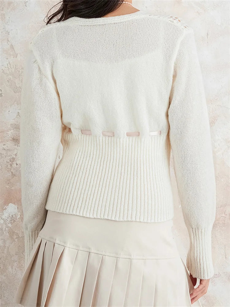 JuliaFashion - Spring Slim Knitted Cardigan Front Tie-up Bow V-Neck Long Sleeve Hollow Out Knitwear Sweater